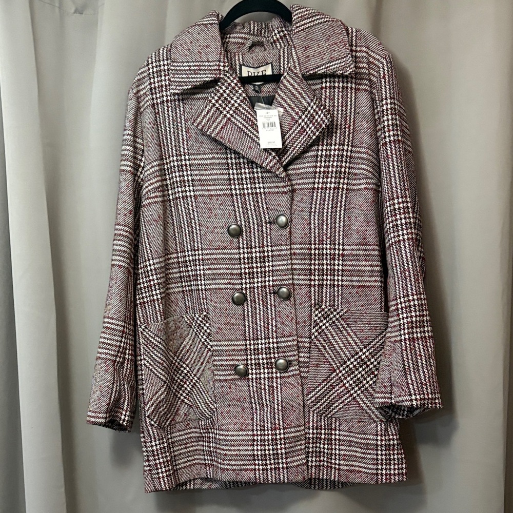 DKNY Women's Red and Gray Plaid Pea Coat
